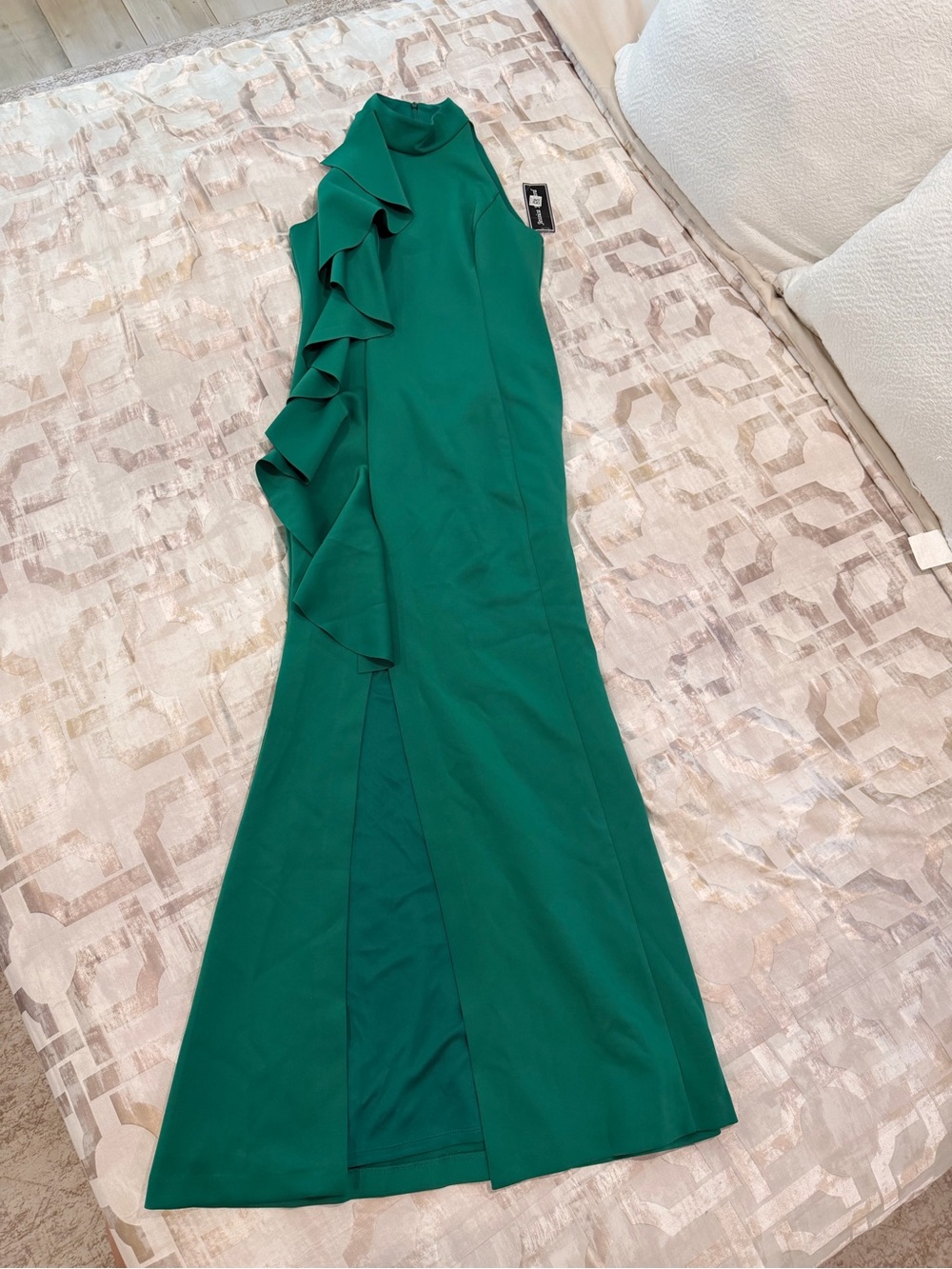 Green Ruffle-Accent Evening Gown